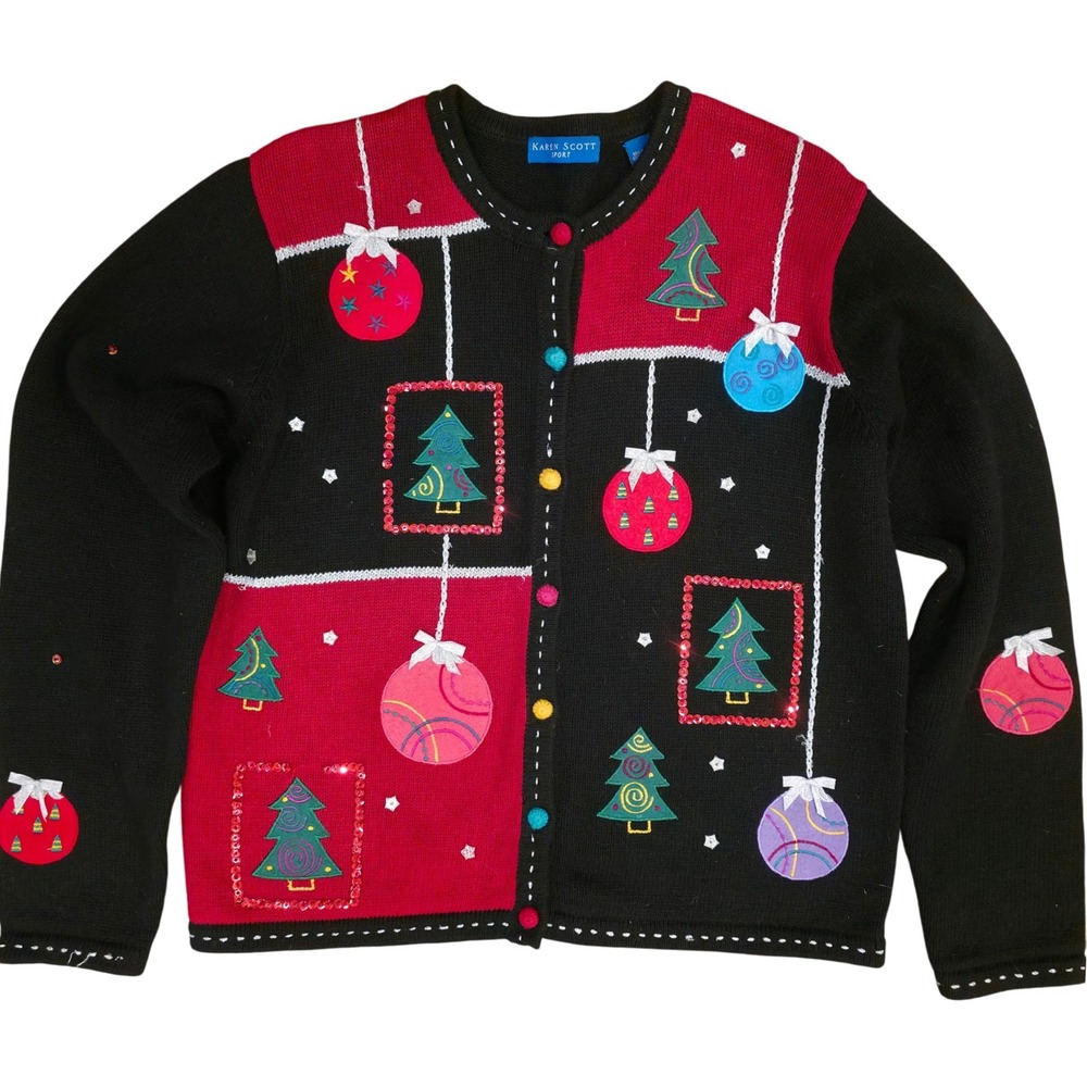 KAREN SCOTT L Christmas Cardigan Sequin Ornament Vintage 90s Y2K Kitsch